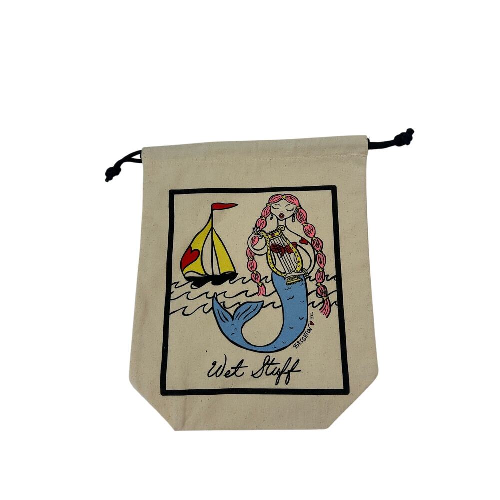 Brighton 12.5x10" Wet Stuff Bathing Suit Bag- Drawstring- Beige Cotton Mermaid